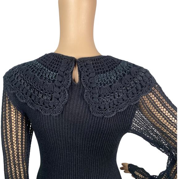 Vtg 60s Nina Spain Black Gothic Lolita Crochet Collared Knit Midi Dress SZ M/L - Picture 8 of 11
